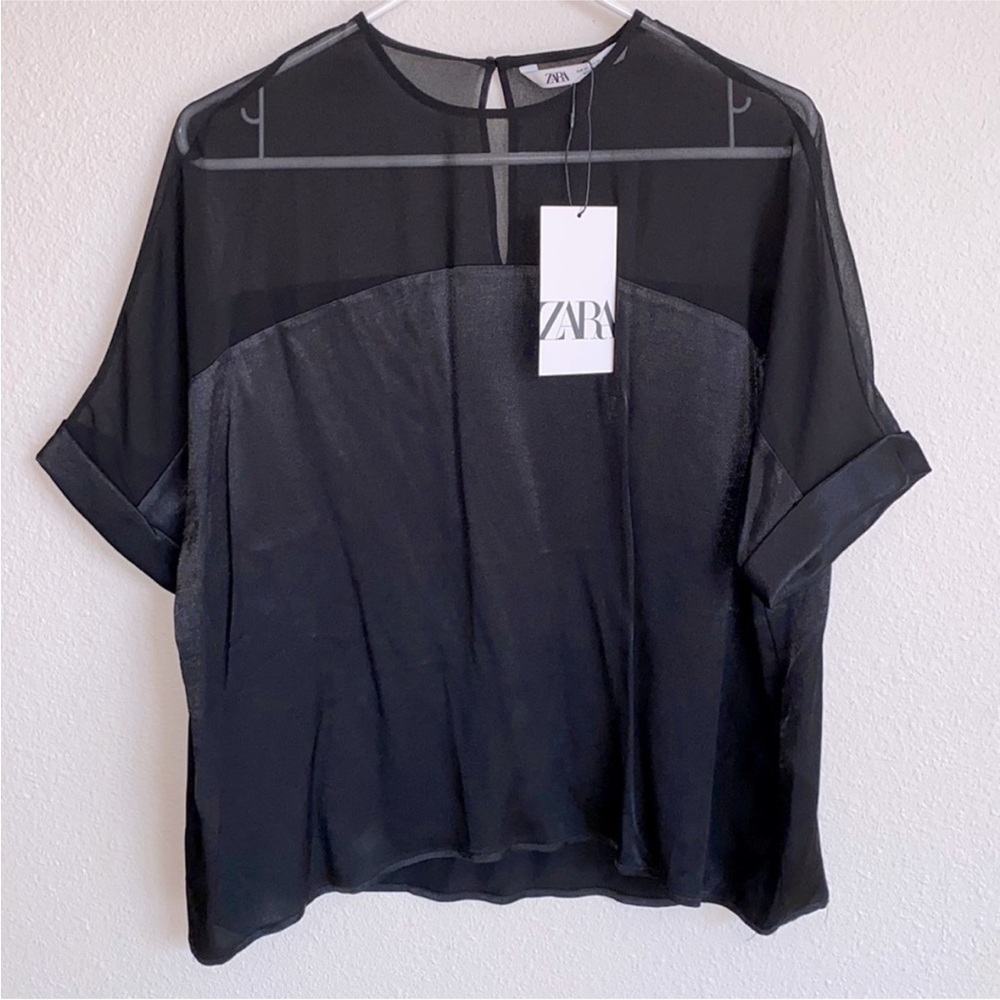 Zara Silky Black Short Cuffed Sleeve Blouse